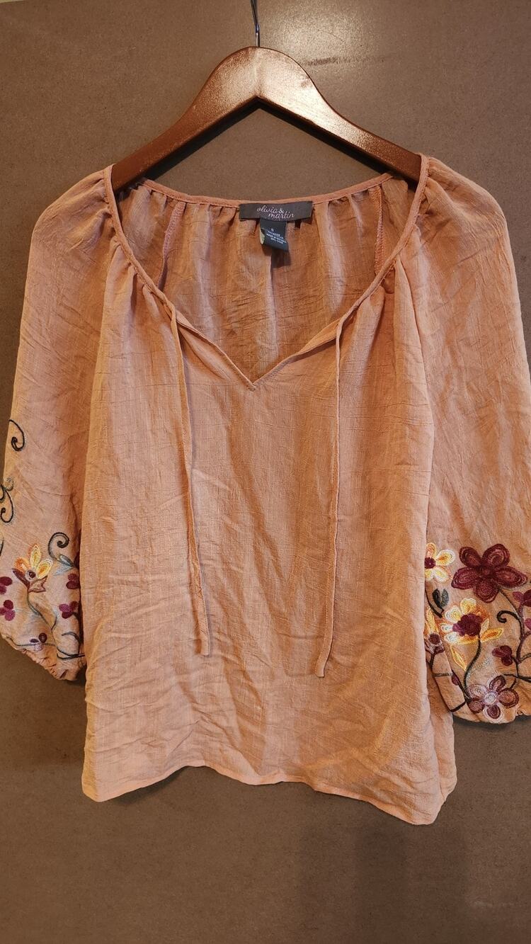 Olivia & Martin Embroidered Peasant Blouse Terracotta Boho Top S Wt49
